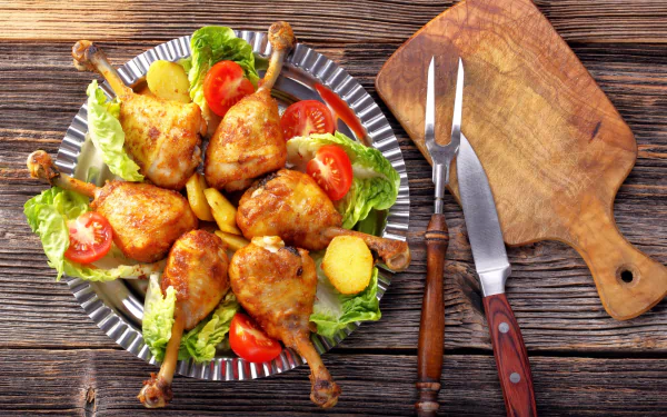HD PC desktop wallpaper showing a plated arrangement of roasted chicken drumsticks with fresh lettuce, tomato slices, and potato wedges on a wooden table.