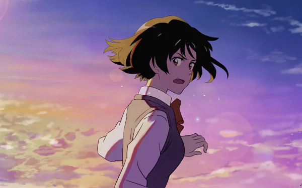 Mitsuha Miyamizu from the anime Your Name. against a vibrant sunset sky, featured in a 4K Ultra HD PC desktop wallpaper and background.