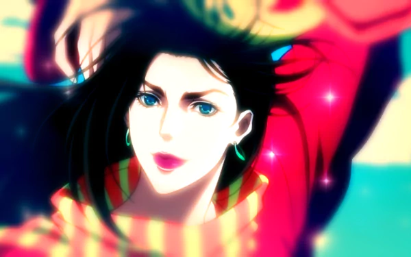 Lisa Lisa from JoJo's Bizarre Adventure: Battle Tendency, close-up anime portrait with black hair, blue eyes, red outfit and striped scarf — vibrant HD PC desktop wallpaper.