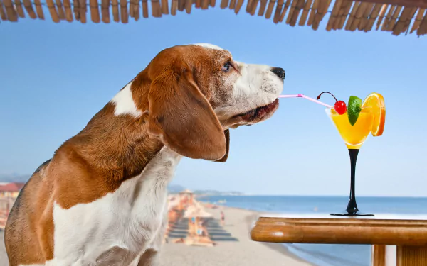A basset hound sipping a colorful summer cocktail under a thatched roof, set against a beach backdrop in this 4K Ultra HD desktop wallpaper.