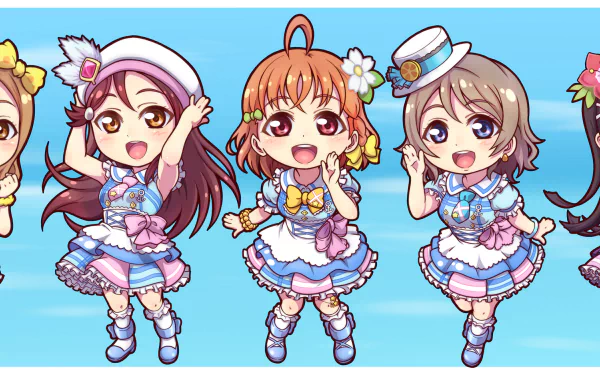 Chibi-style Love Live! Sunshine!! characters Hanamaru, Ruby, Dia, Riko, Chika, You, Yoshiko, Mari, and Kanan in colorful outfits on a bright blue HD desktop wallpaper.