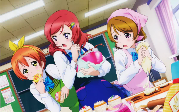 Love Live! anime characters Hanayo Koizumi, Maki Nishikino and Rin Hoshizora bake cupcakes in a sunlit classroom — 8K Ultra HD PC desktop wallpaper/background.