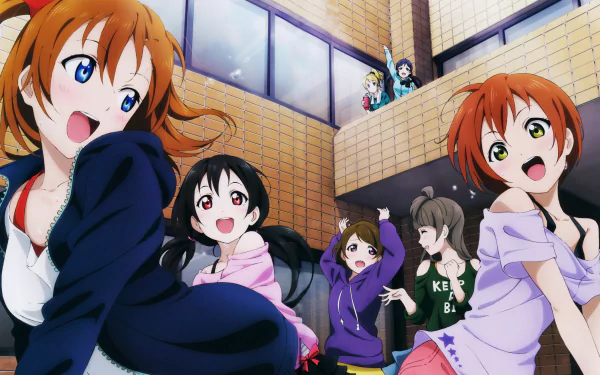 8K Ultra HD anime wallpaper featuring Rin Hoshizora, Nozomi Tojo, Nico Yazawa, Kotori Minami, Honoka Kousaka, Hanayo Koizumi, and Eri Ayase from Love Live!.