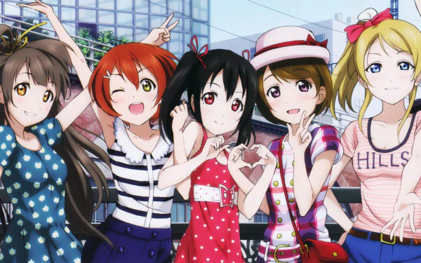 Anime characters Umi Sonoda, Rin Hoshizora, Nozomi Tojo, Nico Yazawa, Maki Nishikino, Kotori Minami, Honoka Kousaka, Hanayo Koizumi, and Eri Ayase from Love Live! in vibrant 4K Ultra HD wallpaper.