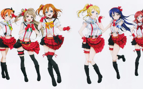 4K Ultra HD PC wallpaper featuring Umi Sonoda, Rin Hoshizora, Nozomi Tojo, Nico Yazawa, Maki Nishikino, Kotori Minami, Honoka Kousaka, Hanayo Koizumi, and Eri Ayase from Love Live! anime.