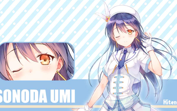 HD PC desktop wallpaper featuring Umi Sonoda from the anime Love Live!, showcasing her in a white and blue outfit with a confident pose against a striped background.