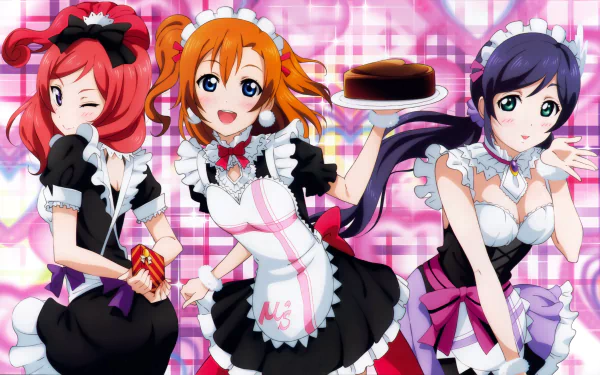 Anime Love Live! characters Nozomi Tojo, Maki Nishikino, and Honoka Kousaka dressed in maid outfits, featured in a vibrant 4K Ultra HD PC desktop wallpaper.