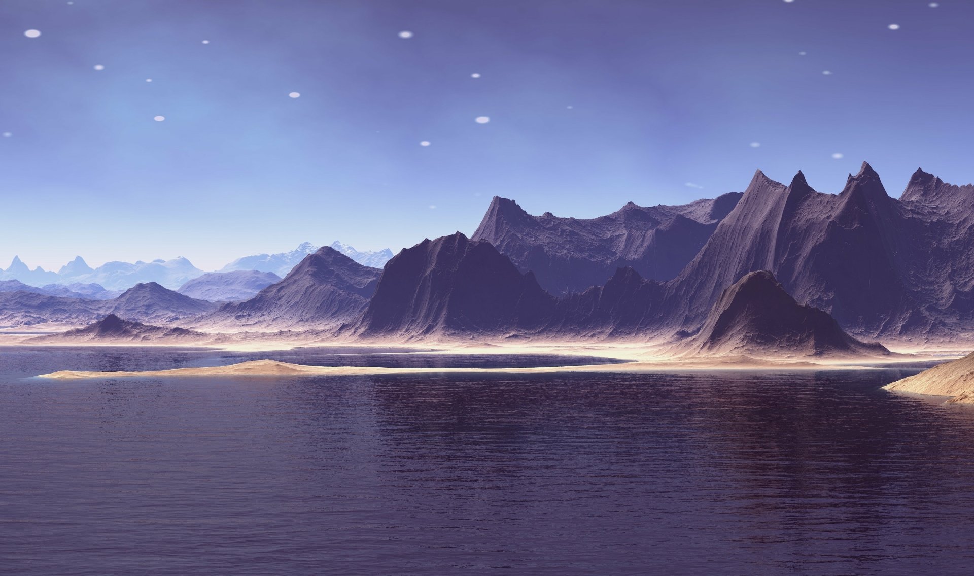 4K Ultra HD Sci-Fi landscape featuring jagged mountains under a starry sky, with a calm body of water in the foreground, creating a futuristic and serene atmosphere.
