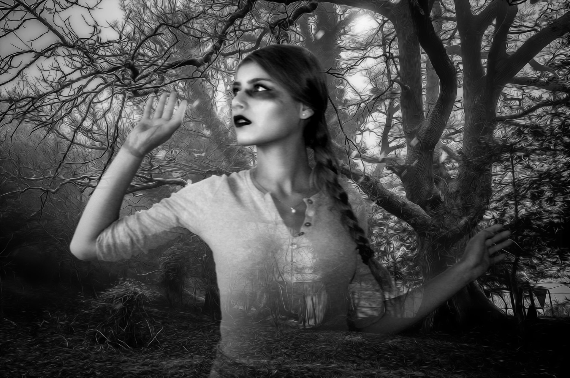 A hauntingly beautiful HD desktop wallpaper featuring a ghostly figure of a girl with dark makeup and braided hair, blending into a misty, eerie forest background.