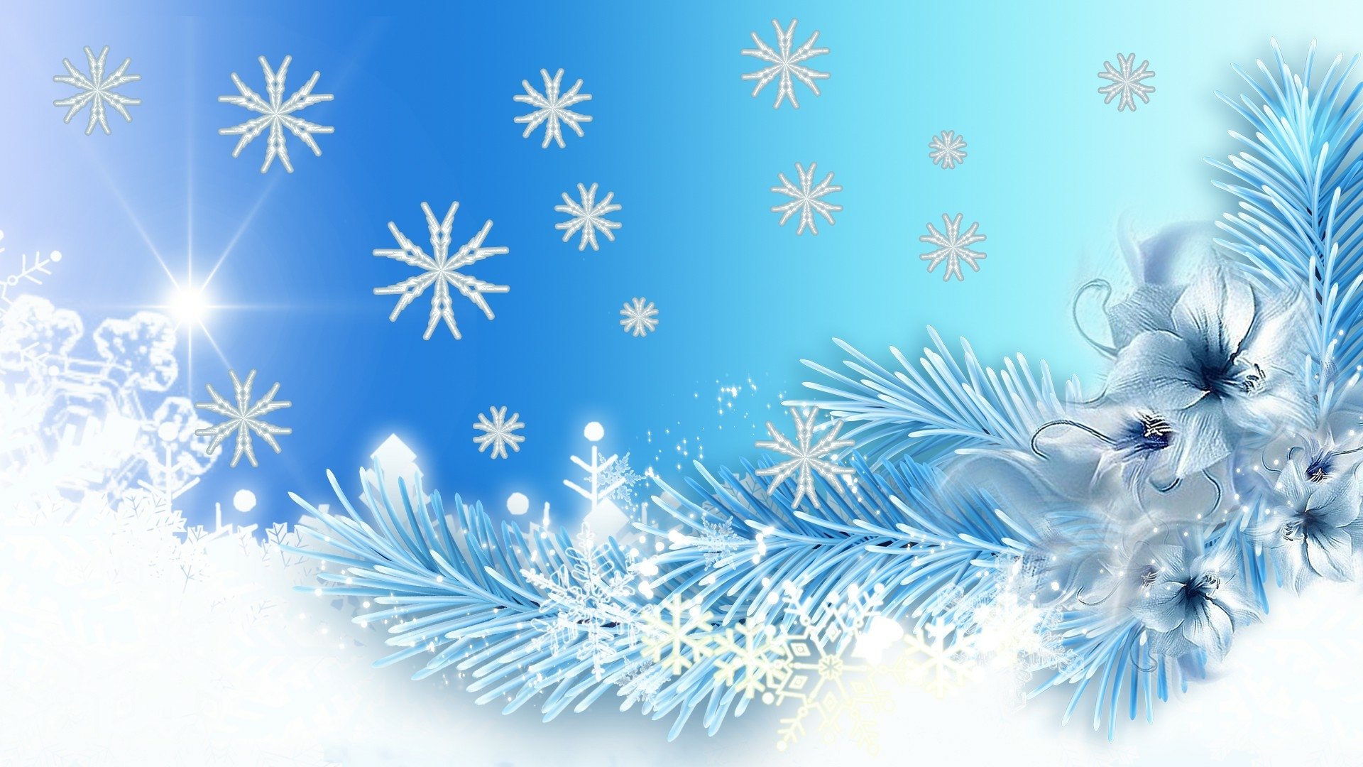 HD desktop wallpaper showing a winter-themed scene with blue and white snowflakes, artistic branches, and flowers against a gradient blue background.