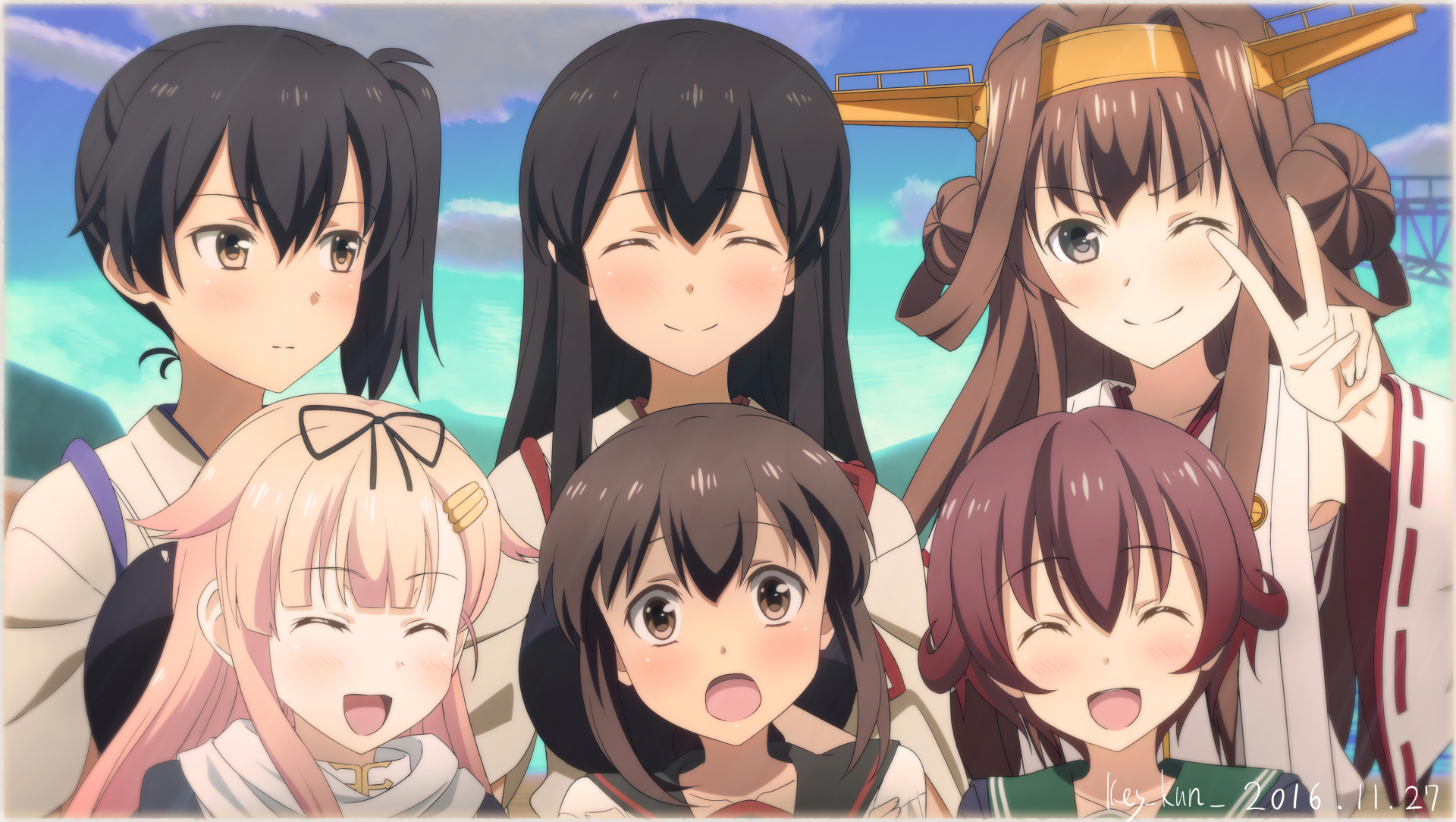 HD anime desktop wallpaper featuring Mutsuki, Fubuki, Yuudachi, Kongou, Kaga, and Akagi from Kantai Collection, all smiling together against a bright sky background.