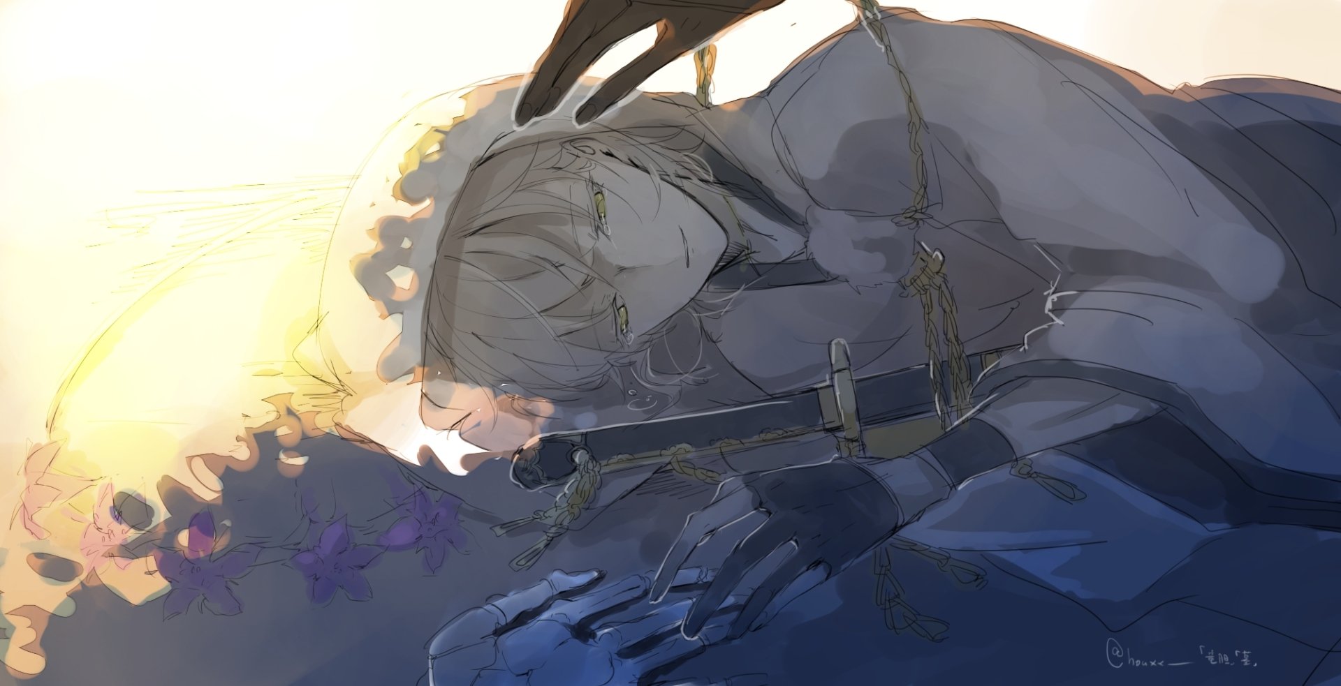 HD anime wallpaper featuring Tsurumaru Kuninaga from Touken Ranbu, depicted lying down with a calm expression and surrounded by soft, warm lighting.
