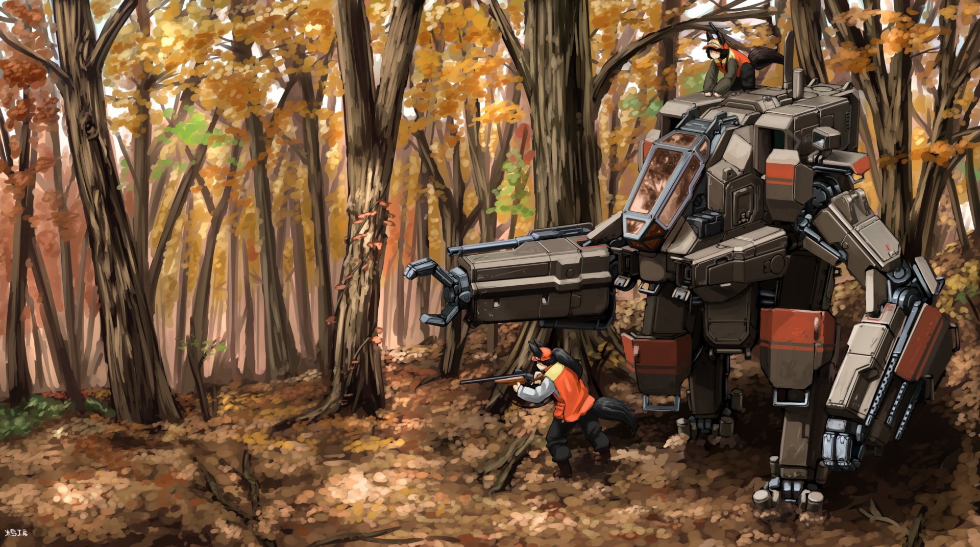 HD desktop wallpaper depicting an original anime scene of an armored mech in an autumn forest, standing near hunters carrying rifles. The foliage is vibrant with fall colors, creating a dynamic, adventurous atmosphere.