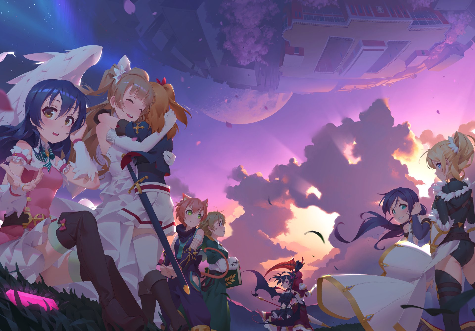 Anime-style 4K Ultra HD wallpaper featuring Love Live! characters Umi Sonoda, Rin Hoshizora, Nozomi Tojo, Nico Yazawa, Maki Nishikino, Kotori Minami, Honoka Kousaka, Hanayo Koizumi, and Eri Ayase.