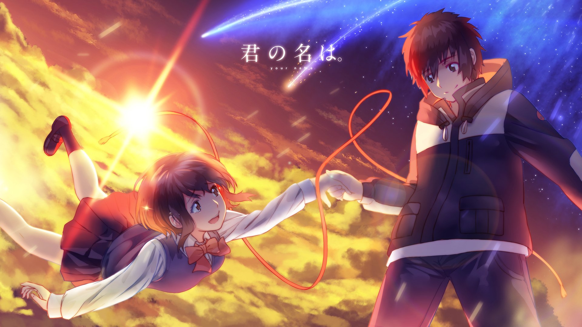 HD desktop wallpaper featuring Taki Tachibana and Mitsuha Miyamizu from the anime Your Name. They are connected by a red thread against a stunning sky background with celestial elements.