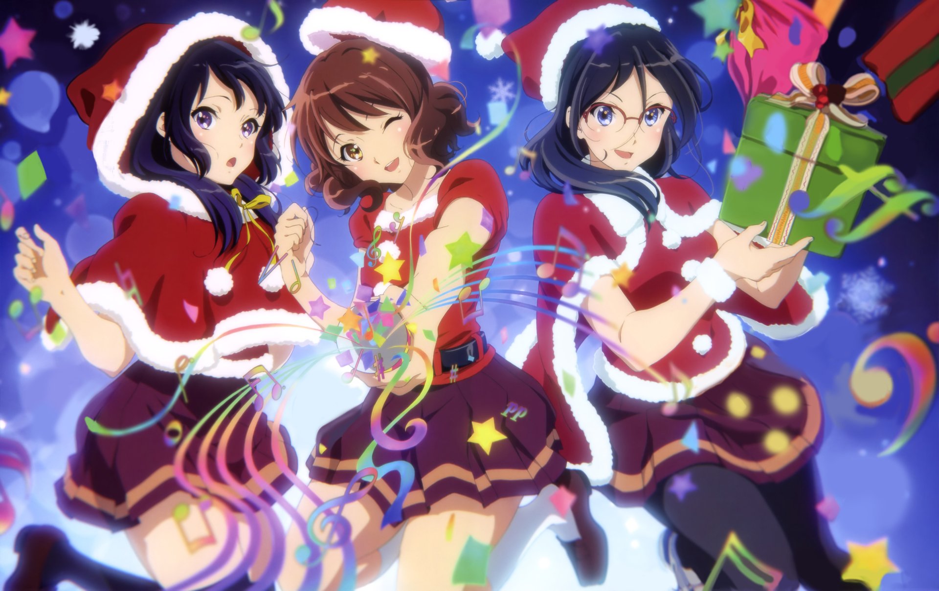 Anime-style Sound! Euphonium characters dressed in festive Santa outfits with musical notes and gifts, captured in vibrant 4K Ultra HD for a PC desktop wallpaper.
