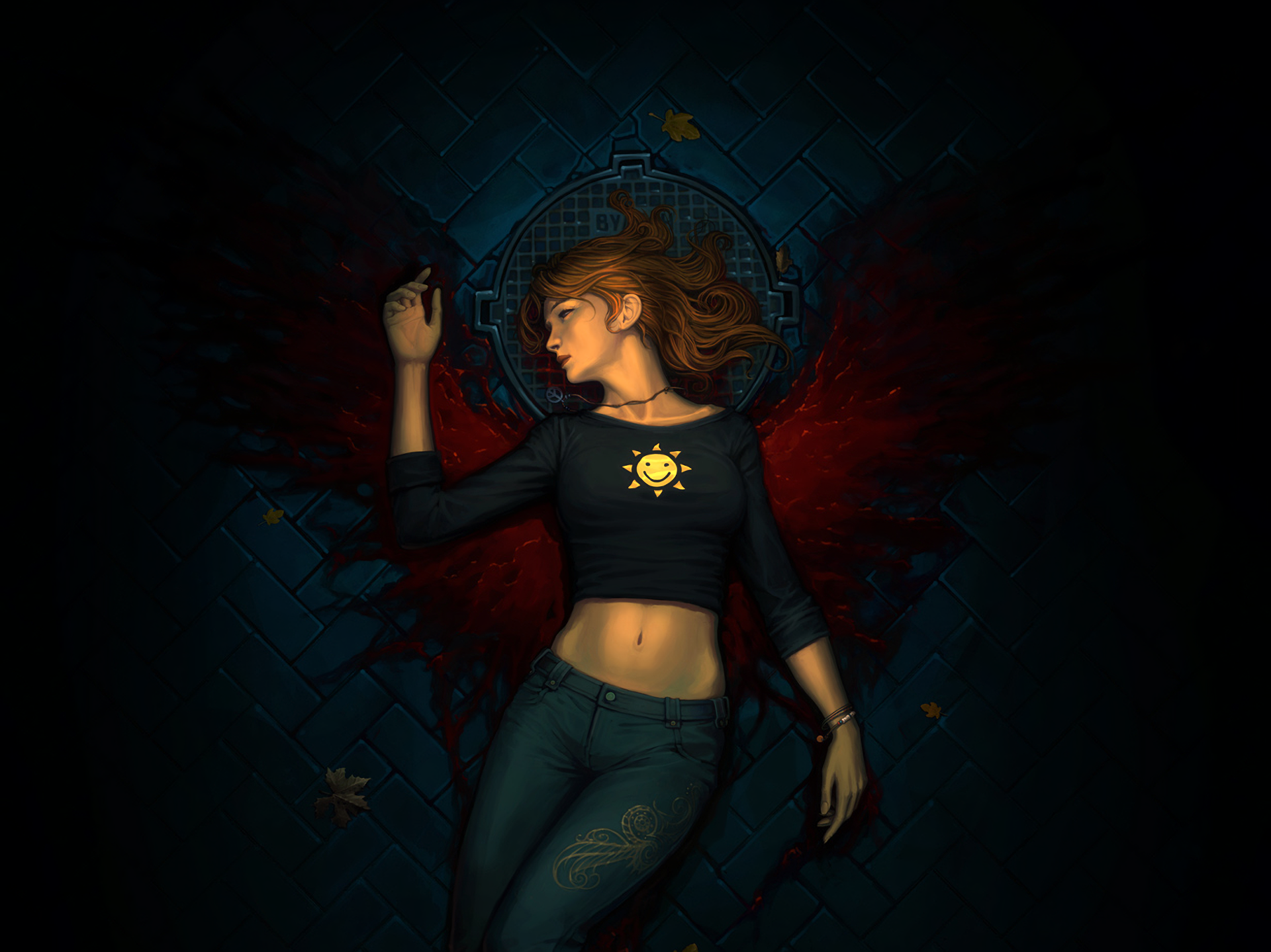 A fallen angel lies on the ground in a dark fantasy setting, illuminated softly, creating a striking HD PC desktop wallpaper and background.
