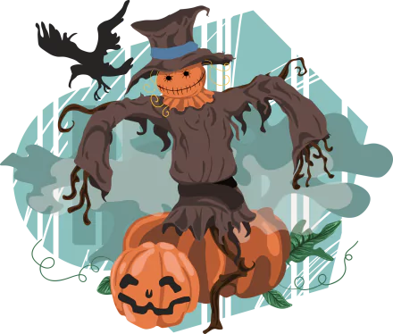 HD Halloween desktop wallpaper featuring a spooky scarecrow with a jack-o'-lantern head, two pumpkins at its base, and a crow perched on its shoulder.