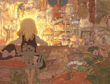 HD anime desktop wallpaper featuring Marisa Kirisame from Touhou, sitting amidst a warm, softly lit room filled with plants, mushrooms, and potion bottles.