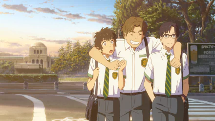 HD anime desktop wallpaper featuring Taki Tachibana and two friends in school uniforms from Your Name., walking together on a sunny street with buildings and trees in the background.