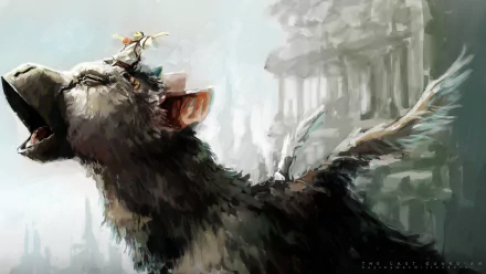 HD desktop wallpaper of The Last Guardian video game, featuring the majestic creature Trico in an ethereal, artistic setting with a boy on its head.