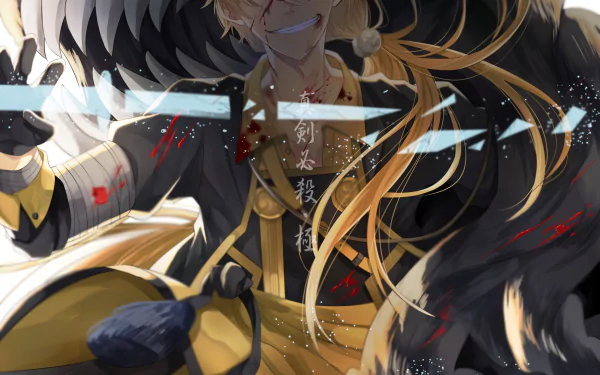Shishiou (Touken Ranbu) anime HD PC desktop wallpaper and background: fierce blonde swordsman with flowing hair, black feathered cloak, blood-splattered blade and a menacing grin in a dynamic pose.