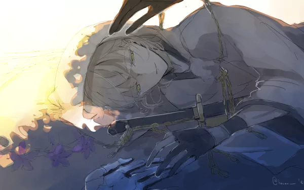 HD anime wallpaper featuring Tsurumaru Kuninaga from Touken Ranbu, depicted lying down with a calm expression and surrounded by soft, warm lighting.