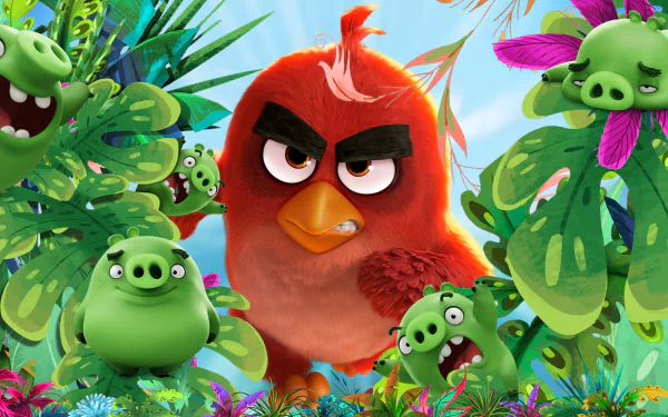HD desktop wallpaper from The Angry Birds Movie featuring Red surrounded by green pigs in a colorful jungle setting.