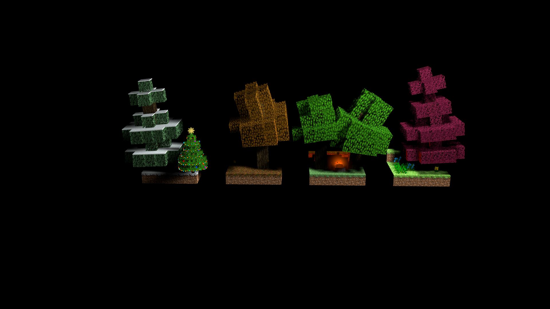 HD Minecraft PC desktop wallpaper featuring five stylized blocky trees in different colors and designs against a black background.