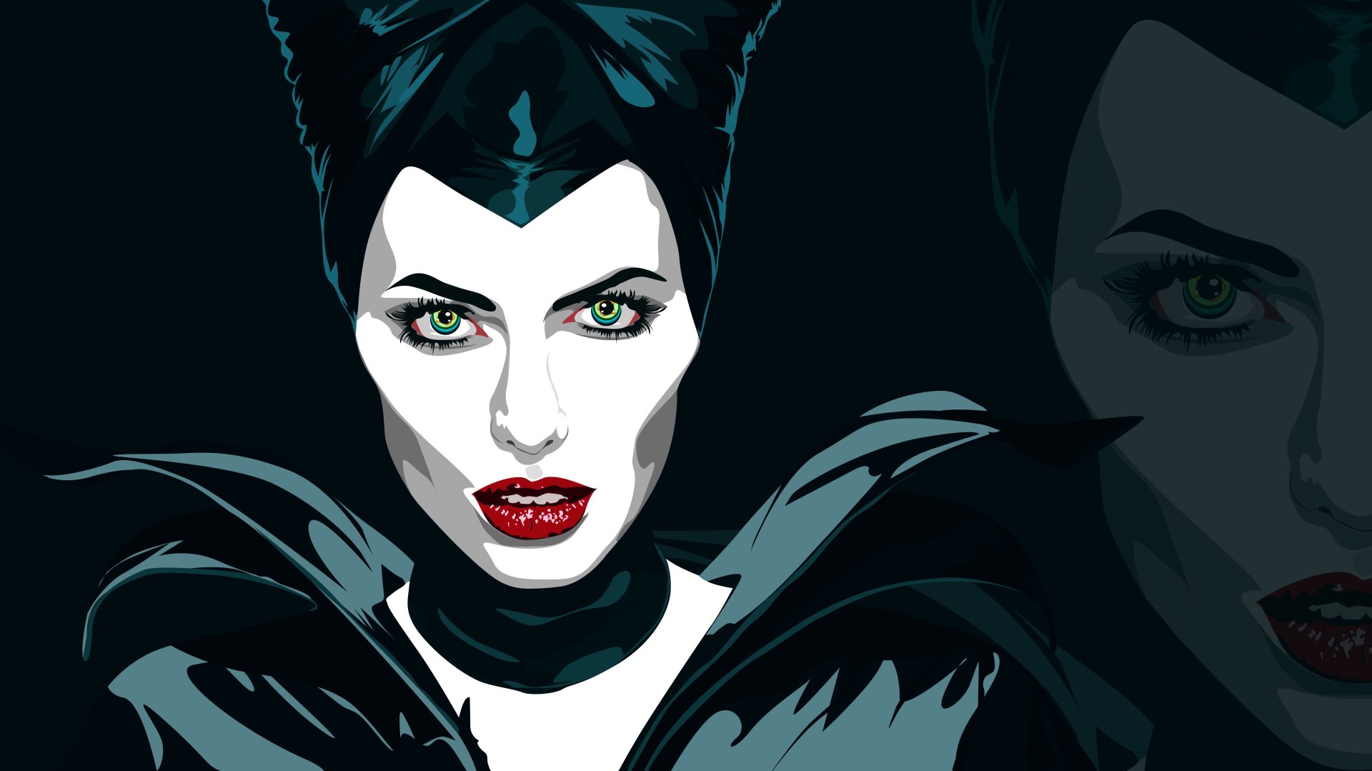 Digital artwork of Angelina Jolie as Maleficent from the movie, rendered in 4K Ultra HD for a PC desktop wallpaper and background.