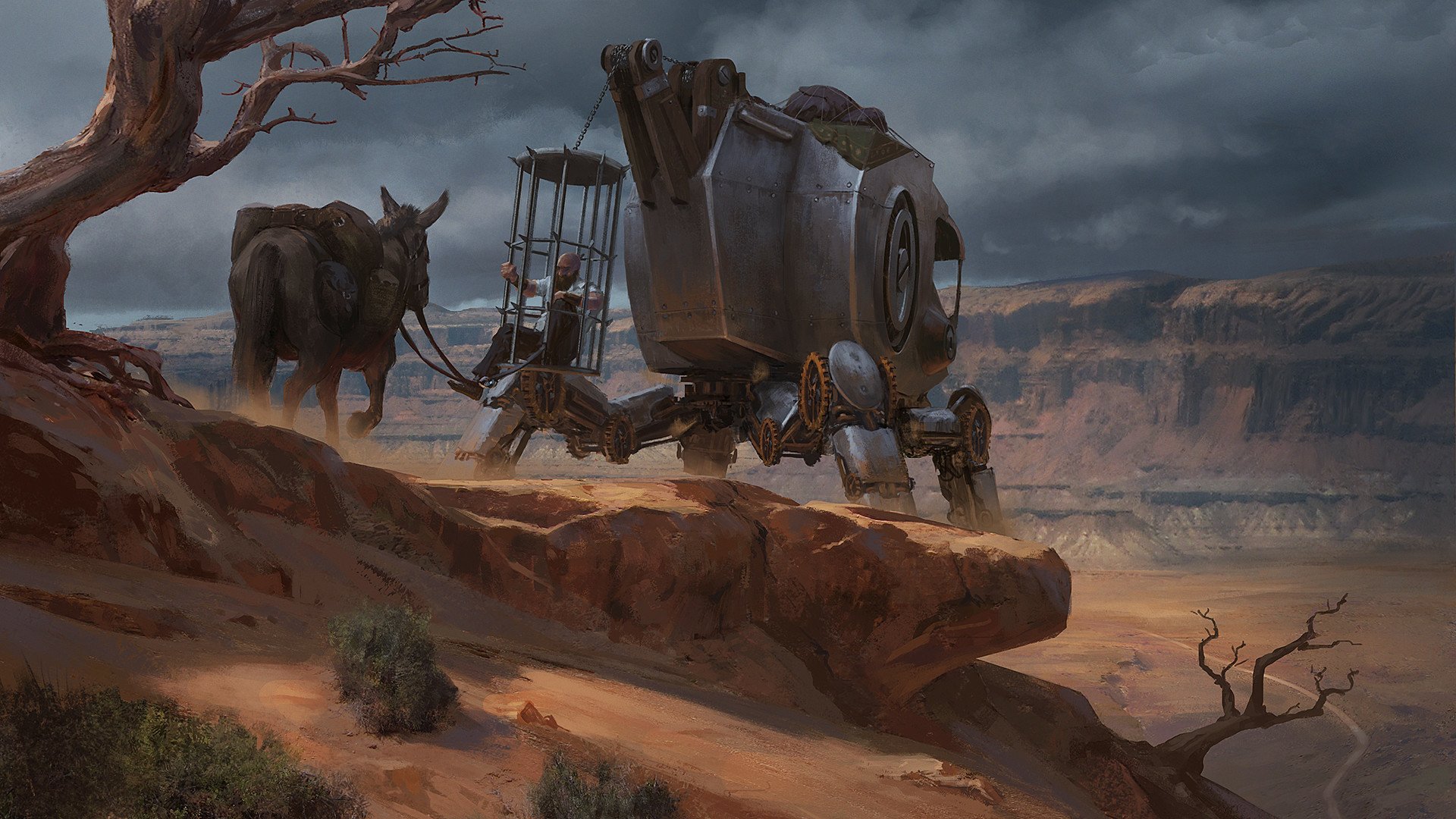 HD wallpaper featuring an Acaratus scene with a mechanical walker and elephants in a desert landscape.