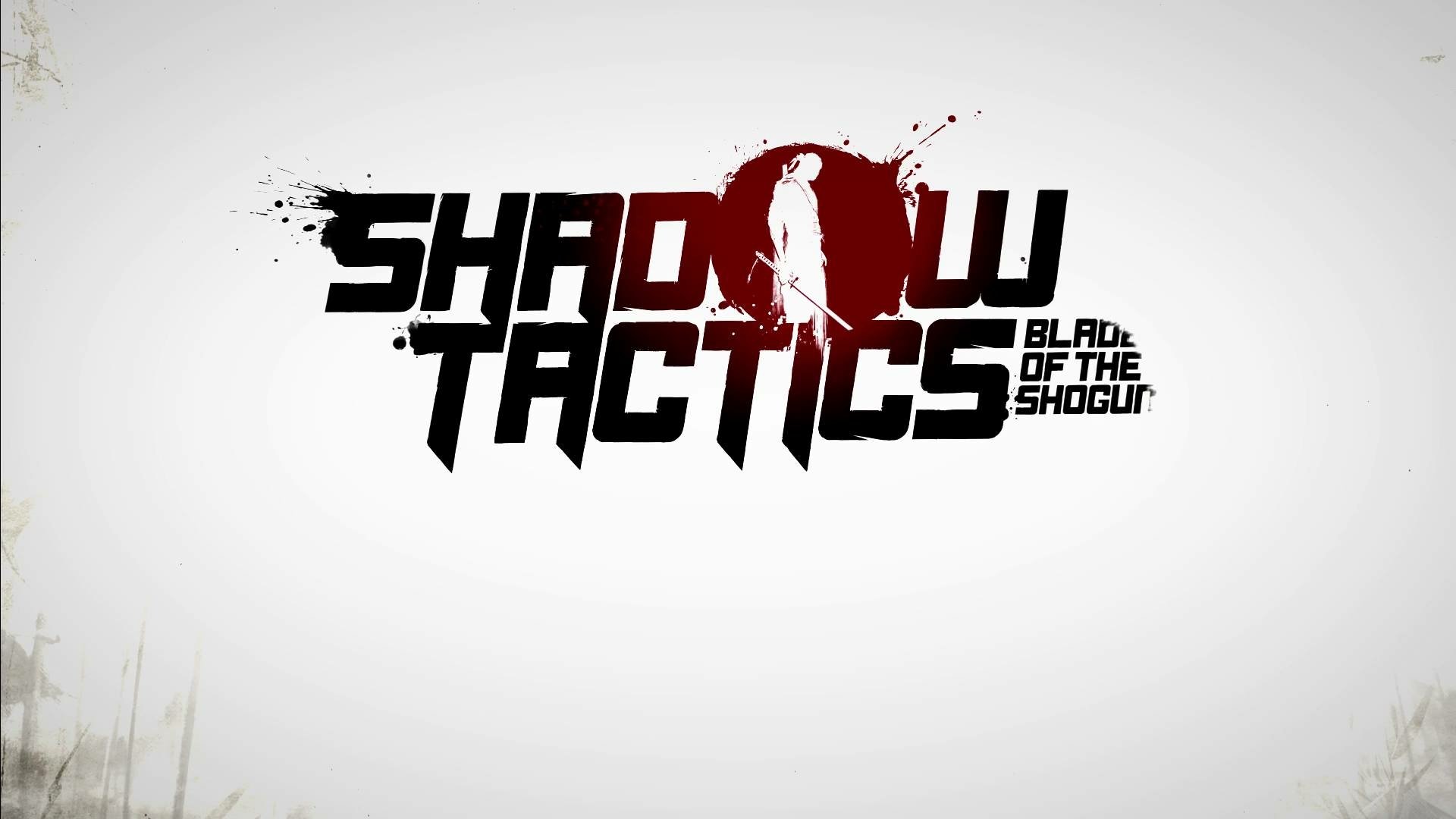 HD desktop wallpaper of Shadow Tactics: Blades of the Shogun with the title in red and white splattered ink design.