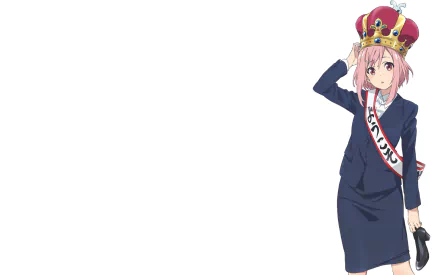 HD desktop wallpaper featuring Yoshino Koharu from the anime Sakura Quest, depicted wearing a crown and formal attire against a white background.