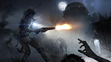 Lara Croft from Rise of the Tomb Raider fires a shotgun at approaching zombies under a full moon in a dark, atmospheric 4K Ultra HD video game scene.
