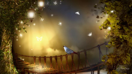 Artistic HD desktop wallpaper featuring a glowing rope bridge with lanterns, birds flying around, and a serene, softly lit natural background.
