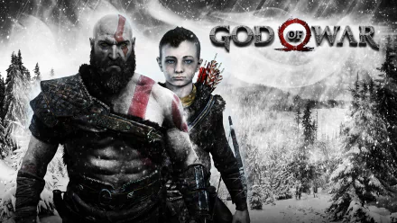 HD desktop wallpaper featuring Kratos and Atreus from the video game God of War (2018), set in a snowy landscape with the game's logo in the background.