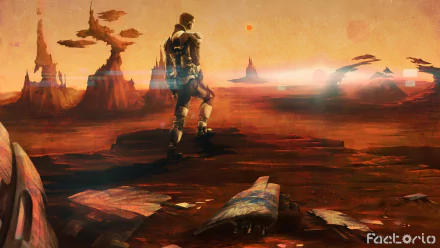 HD wallpaper of Factorio game featuring a character overlooking a dystopian landscape with the game's logo visible.