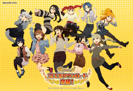 Anime ensemble from Schoolgirl Strikers: Animation Channel — schoolgirls leaping on a yellow gingham backdrop; HD PC desktop wallpaper and background featuring the series logo.