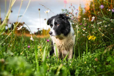 wildflower grass dog Animal border collie HD Desktop Wallpaper | Background Image