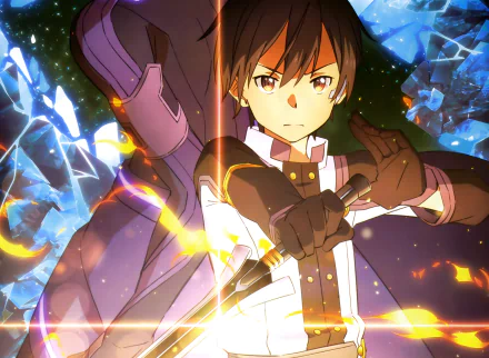 High-definition wallpaper featuring Kirito from Sword Art Online: Ordinal Scale, showcasing his determined expression and dual-wielding swords, with vibrant, dynamic background elements.