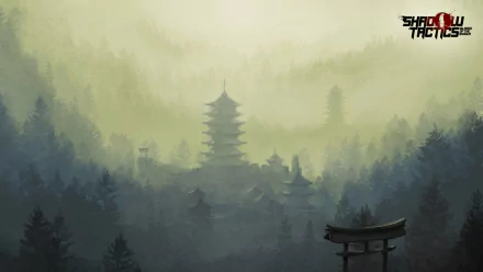 HD desktop wallpaper for Shadow Tactics: Blades of the Shogun featuring misty, ancient Japanese scenery with pagoda and trees.