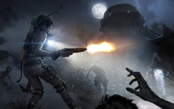 Lara Croft from Rise of the Tomb Raider fires a shotgun at approaching zombies under a full moon in a dark, atmospheric 4K Ultra HD video game scene.