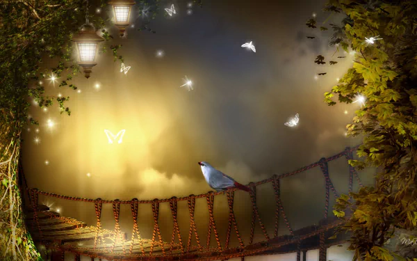 Artistic HD desktop wallpaper featuring a glowing rope bridge with lanterns, birds flying around, and a serene, softly lit natural background.