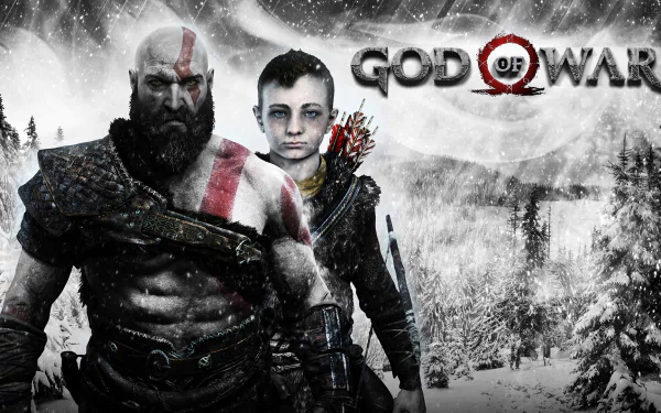 HD desktop wallpaper featuring Kratos and Atreus from the video game God of War (2018), set in a snowy landscape with the game's logo in the background.