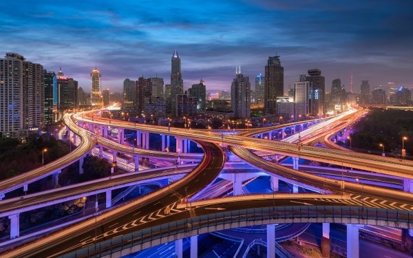 Man Made Shanghai Cities China Night Light Highway Road Building Skyscraper HD Wallpaper | Background Image