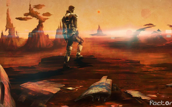 HD wallpaper of Factorio game featuring a character overlooking a dystopian landscape with the game's logo visible.