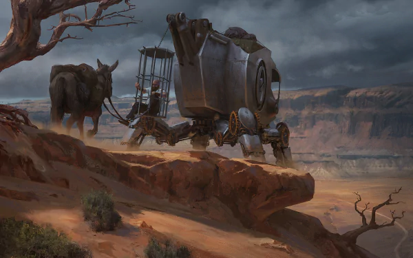 HD wallpaper featuring an Acaratus scene with a mechanical walker and elephants in a desert landscape.
