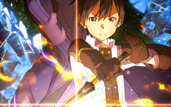 High-definition wallpaper featuring Kirito from Sword Art Online: Ordinal Scale, showcasing his determined expression and dual-wielding swords, with vibrant, dynamic background elements.