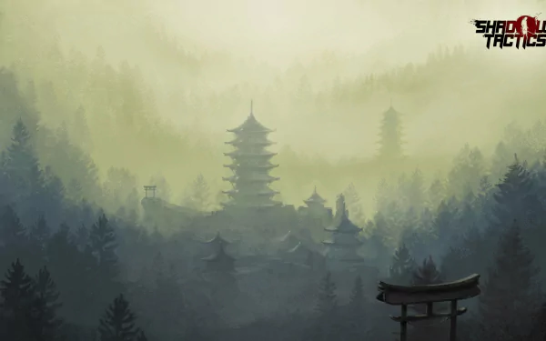HD desktop wallpaper for Shadow Tactics: Blades of the Shogun featuring misty, ancient Japanese scenery with pagoda and trees.