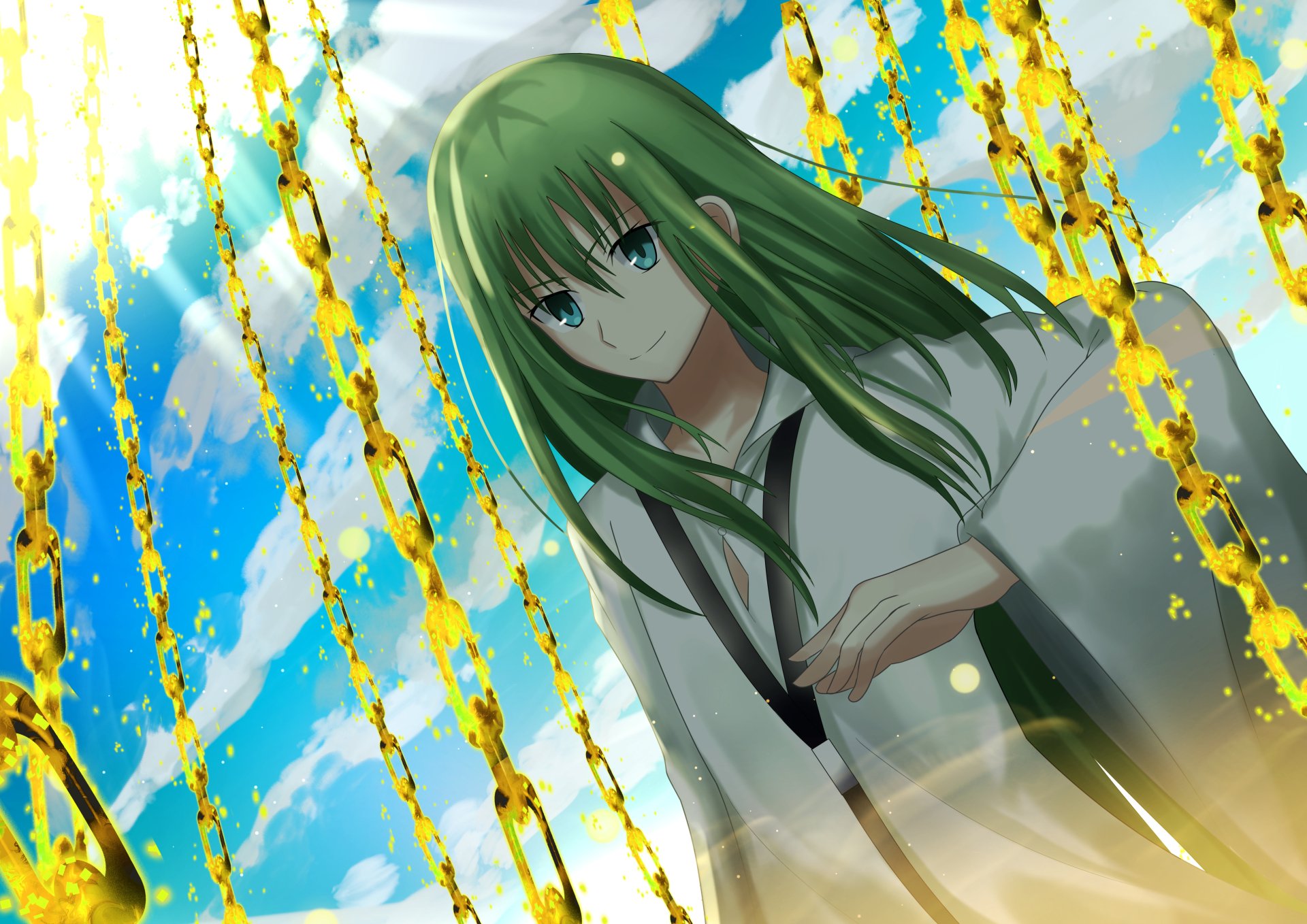 HD PC desktop wallpaper featuring an anime character with long green hair from Fate/Grand Order, surrounded by glowing golden strands against a bright blue sky.